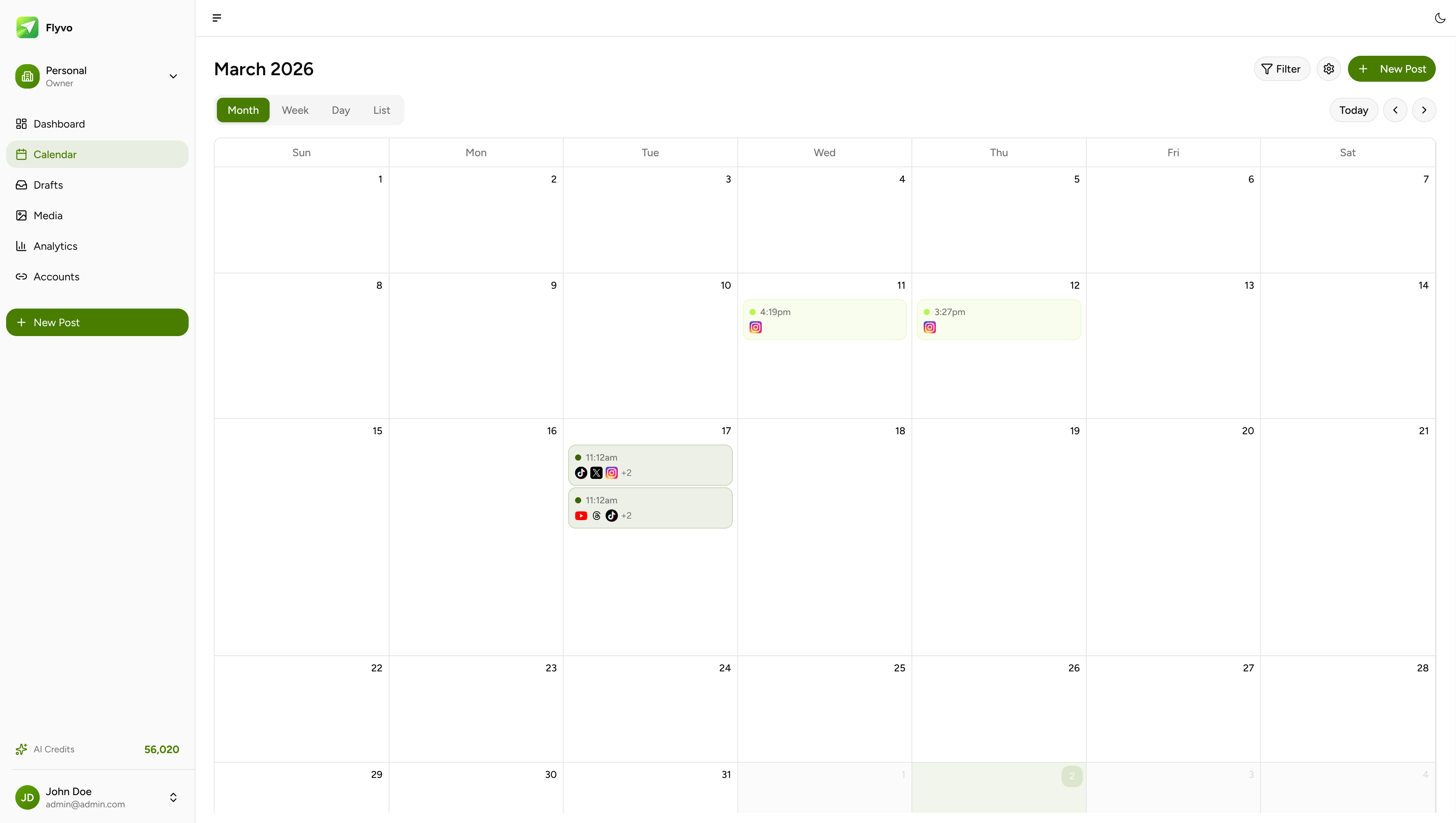 Flyvo social media scheduling dashboard with visual content calendar for Instagram, X, TikTok, and LinkedIn
